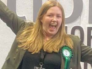 Gillain Mackay celebrates her election as a Green MSP